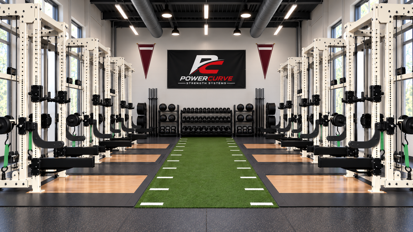 PowerCurve racks lining a college-style training room with lifting platforms and a central turf lane