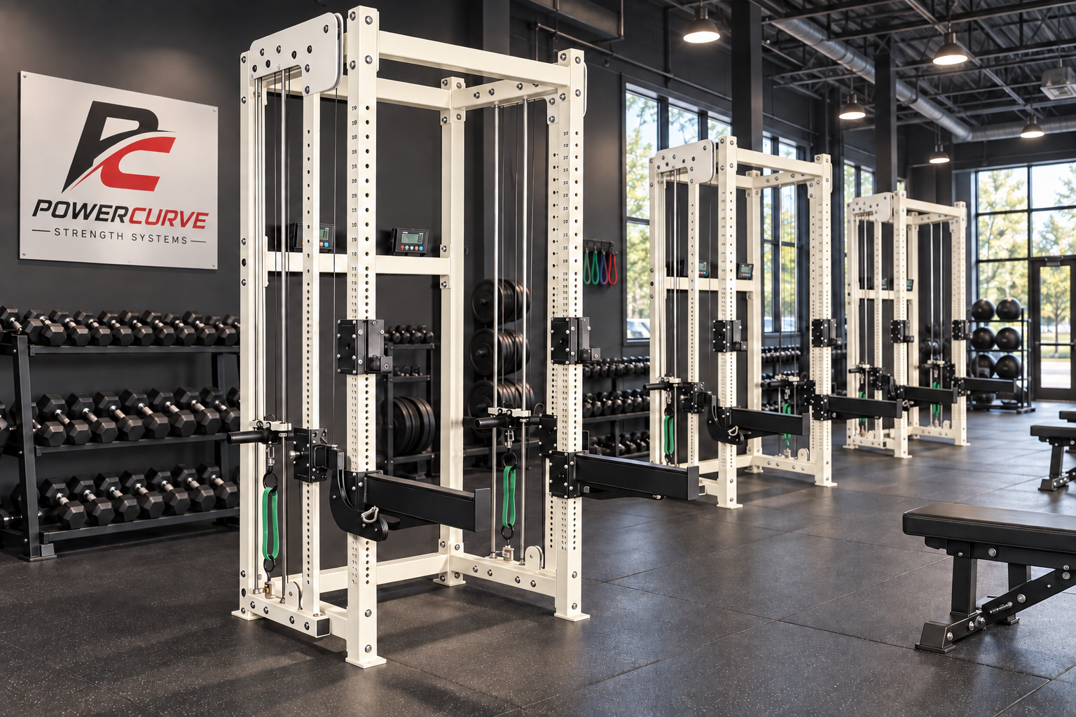 PowerCurve strength systems arranged in a commercial gym