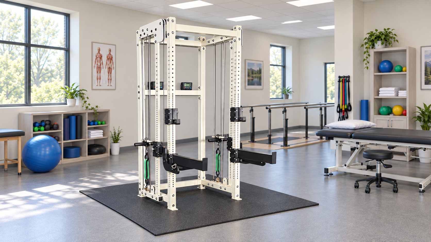 PowerCurve strength system in a physical therapy clinic with treatment tables and rehabilitation equipment
