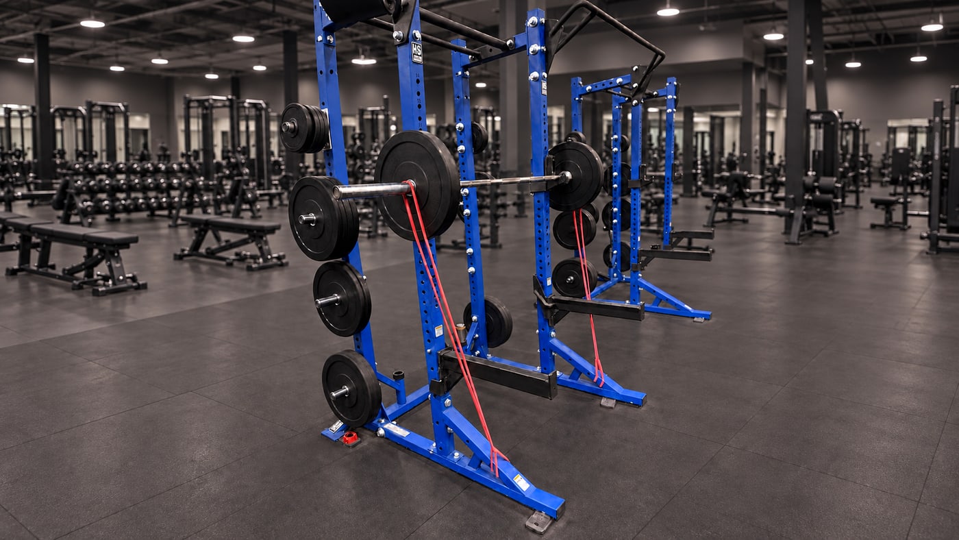 Traditional squat rack with red bands running from the barbell sleeves to the rack base