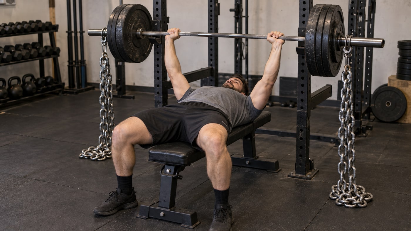Bench press with chains suspended from both ends of the barbell and resting partly on the floor